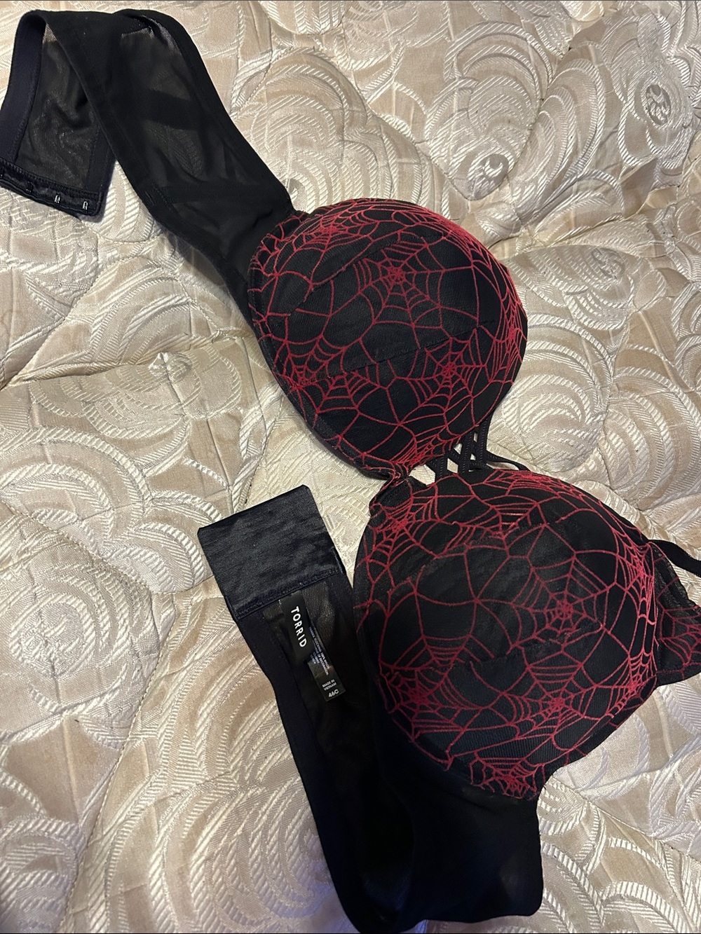Torrid Black Bra with Red Web Lace Overlay